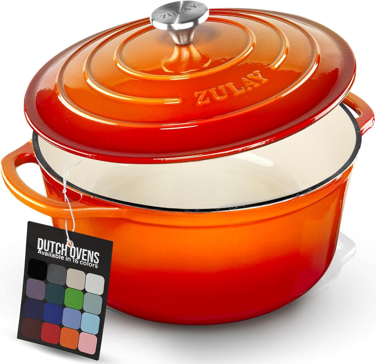 Zulay Kitchen 5 Quart Enameled Cast Iron Dutch Oven Pot with Lid – Premium Durability & Oven Safe up to 500°F – Heavy Duty Cookware Perfect for Bread Baking, Stews, Braising & Roasting – Orange