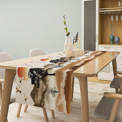 Asian Table Runner, Bamboo Ancient Chinese Paintings Table Cover Cloth for Kitchen Dining Bedroom Red Crowned Crane Landscape Ink Painting Sunset 13x90 Inch