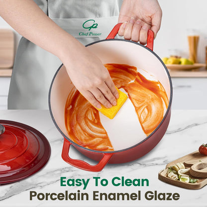 Chef Power Dutch Oven Pot with Lid 5QT, Enameled Cast Iron Dutch Oven for Bread Baking, Braising, Stews, Roasting, Oven Safe Dutch Ovens, Gradient Red