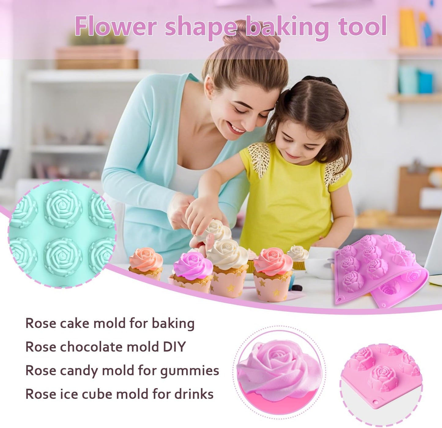 MEMOVAN 15 Cavity Rose Silicone Fondant Mold 2pcs 3D Flower Cake Resin Mold Rose Candy Chocolate Mold Flower Ice Tray Molds for Sugarcraft Cupake Decoration Soap Candle Making Clay Lotion Bar Wax