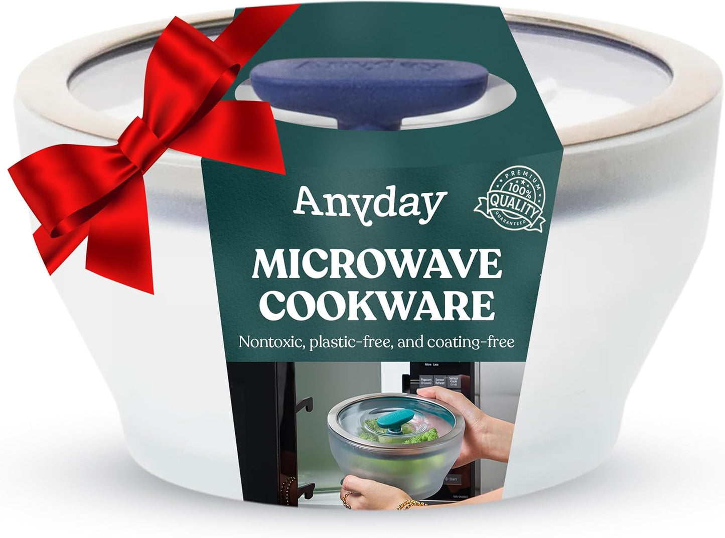 Anyday 8-Cup Microwave Cookware & Glass Container with Glass Lid, Plastic-Free Deep Food Storage | Stackable Airtight Steamer with Vented Lid for Microwave-Safe Reheating, Steaming Vegetables & Rice