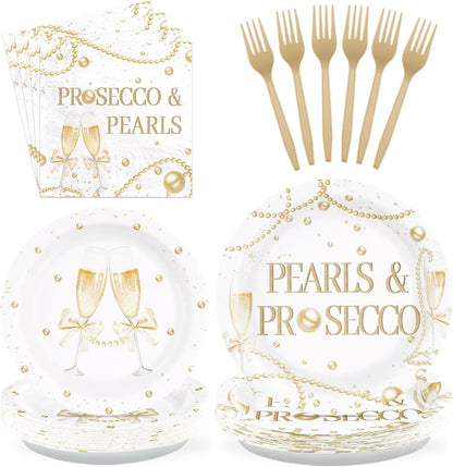 Grencian 96Pcs Pearls and Prosecco Bridal Shower Decorations Engagement Party Paper Plates Disposable Gold Pearls Champagne Party Supplies Tableware for Bride to Be She Said Yes Wedding Decor