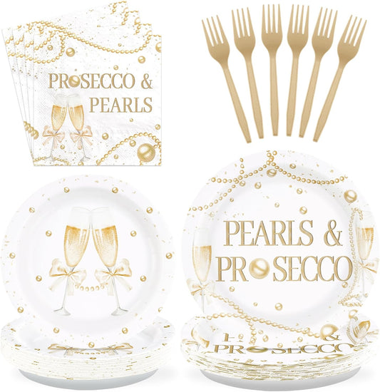 Grencian 96Pcs Pearls and Prosecco Bridal Shower Decorations Engagement Party Paper Plates Disposable Gold Pearls Champagne Party Supplies Tableware for Bride to Be She Said Yes Wedding Decor