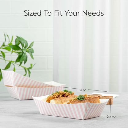 Restaurantware Bio Tek 2 Pound Food Boats 200 Disposable Paper Food Trays - Heavy-Duty Greaseproof Pink And White Paper Boats For Snacks Appetizers Or Treats Use At Parties Or Carnivals