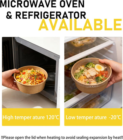 50Pack Disposable Kraft Paper Bowls with Lids & Forks 36oz (1100ml) Round Food Containers Heavy Duty Serving Bowls for Hot/Cold Food Soups Salads Take Out Containers for Household & Restaurant & Party