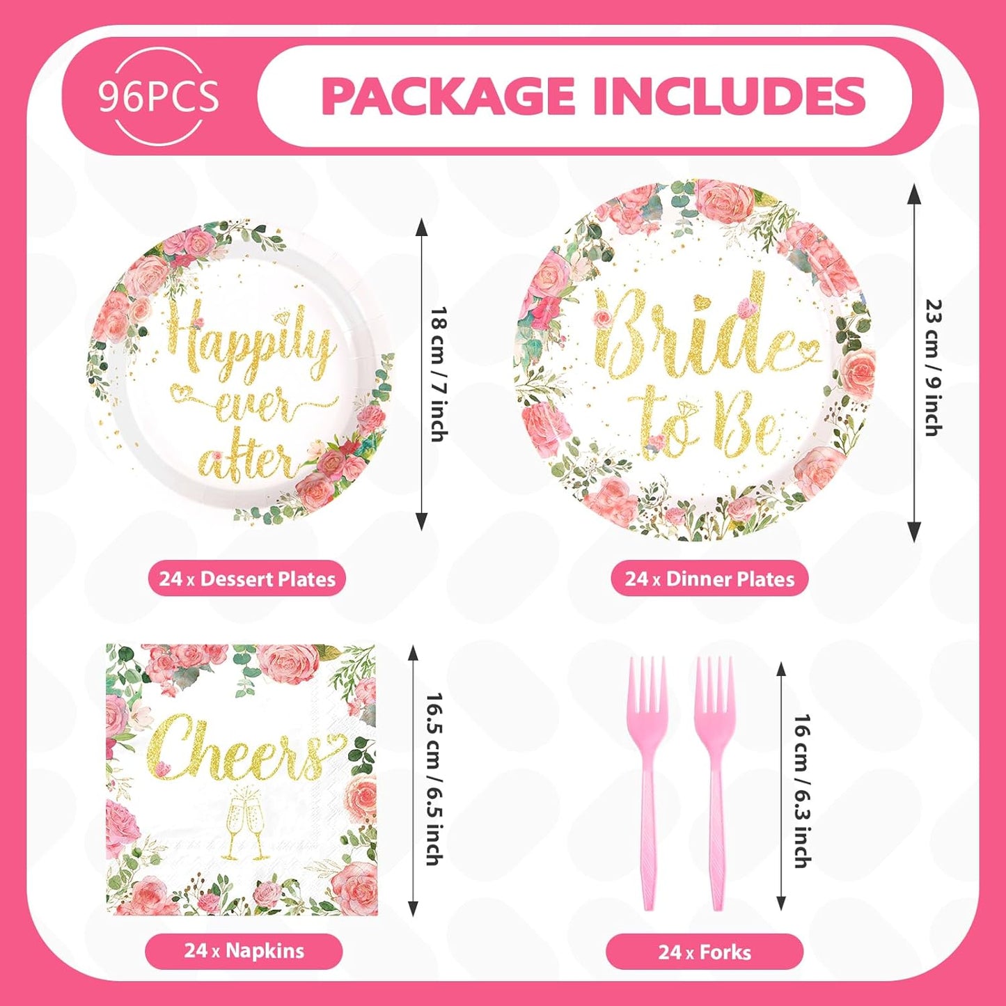 Grencian 96 Pcs Bachelorette Party Decorations Rose Gold Bride Shower Plates and Napkins Bride to Be Tableware Pink Flower and Gold Bachelorette Party Supplies for Engagement Wedding Party Favors