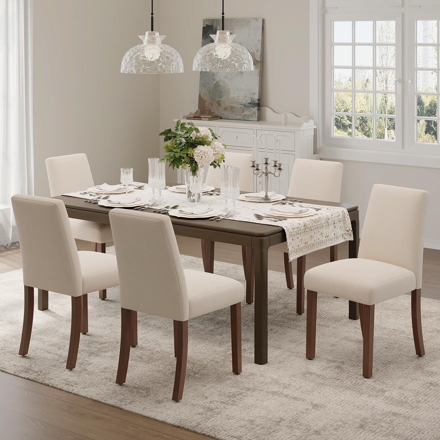 Dining Chairs Set of 6, Modern Dining Room Chair, Upholstered Kitchen Farmhouse Chair for Restaurant & Cafe- Beige