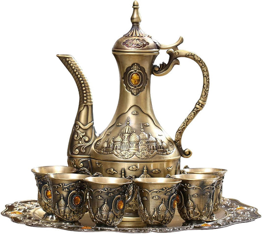 Vintage Turkish Coffee Pot Set for 6 Including Tray and Teapot,Metal Cups,Teapot and Cup Set for One,Tea Service Set for Home Tea Table Decor,Wedding Ornaments(Brass)