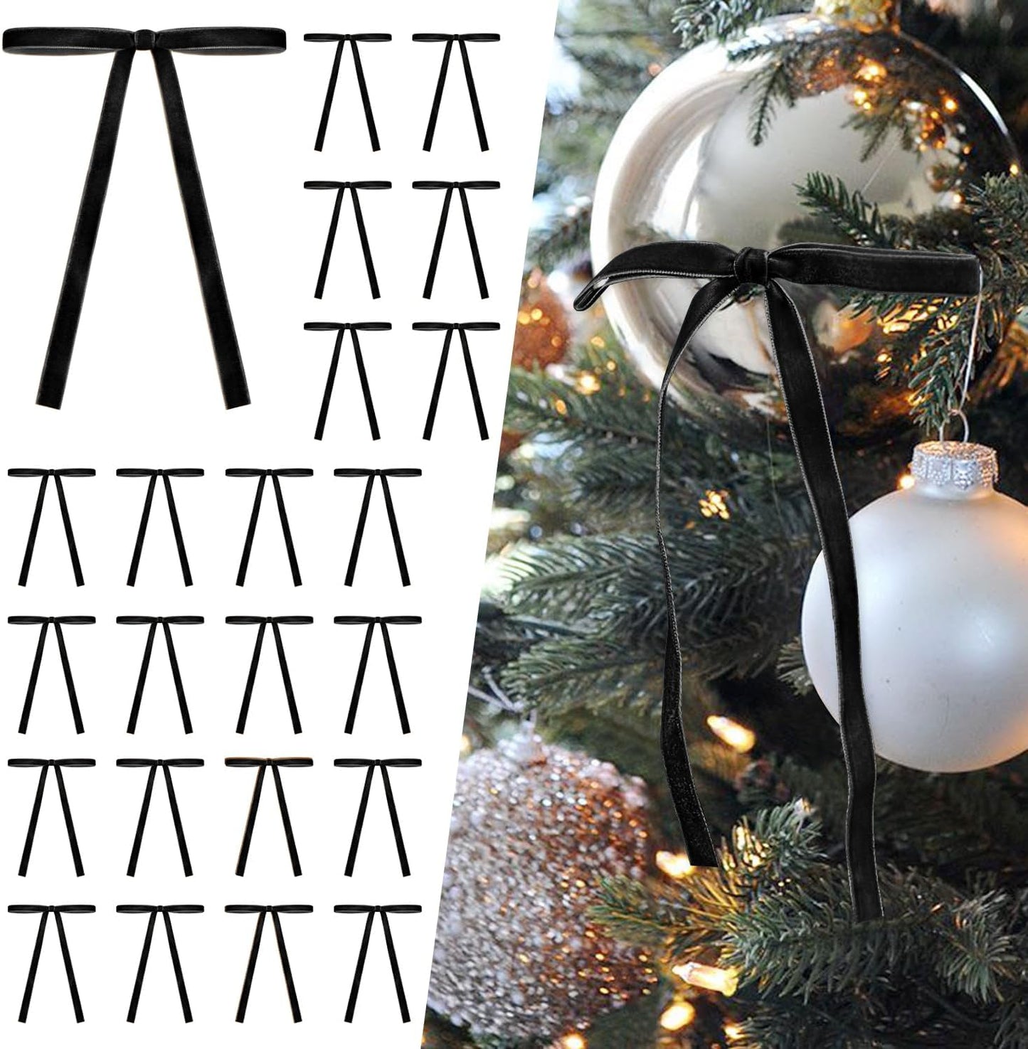 SIMISI RIBBON 24Pcs Black Christmas Velvet Ribbon Bows Decorations Xmas Ornaments Vintage Decor for Tree, Wreath, Garland (3/8'' Width, 5 * 7 inch)