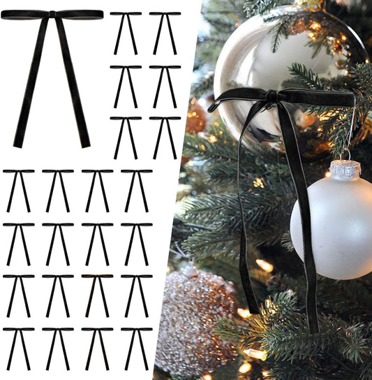 SIMISI RIBBON 24Pcs Black Christmas Velvet Ribbon Bows Decorations Xmas Ornaments Vintage Decor for Tree, Wreath, Garland (3/8'' Width, 5 * 7 inch)