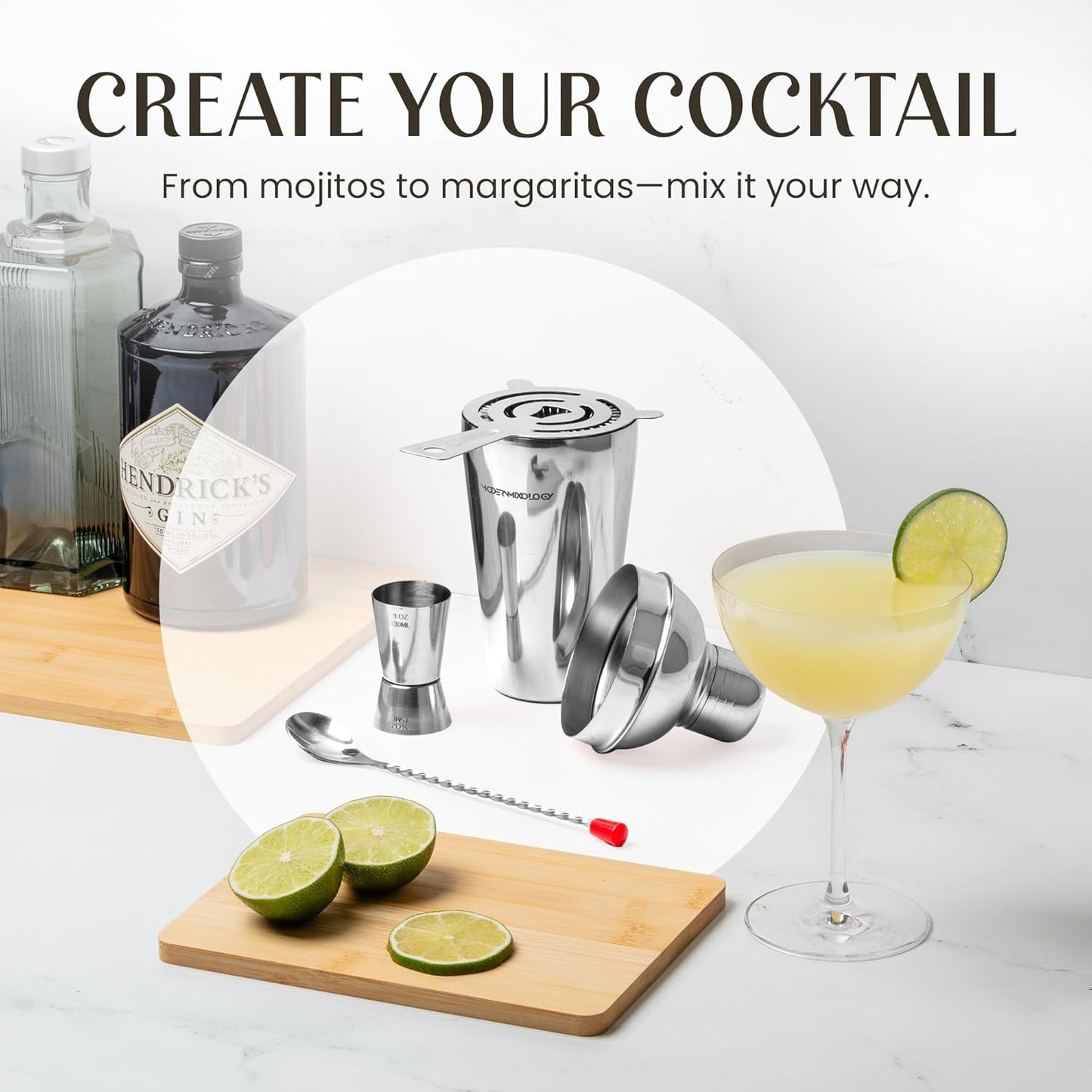 Modern Mixology Cocktail Shaker Set - 8 Piece Bartender Kit with Martini Shaker and Popular Bar Accessories on Quality Pine Stand - Leak Proof Design (Silver)