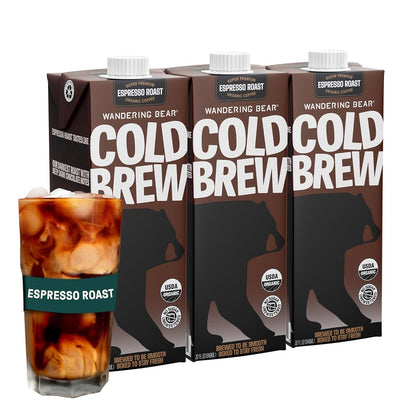 Wandering Bear Espresso Roast Organic Cold Brew Coffee - Extra Strong Bold, Smooth, No Sugar Added, Shelf-Stable, Ready to Drink, 100% Organic Iced Cold Brewed Coffee Drink - 32 fl oz, 3 pack