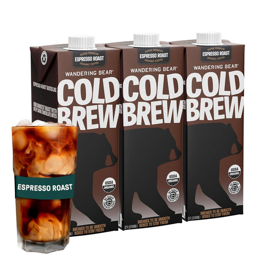 Wandering Bear Espresso Roast Organic Cold Brew Coffee - Extra Strong Bold, Smooth, No Sugar Added, Shelf-Stable, Ready to Drink, 100% Organic Iced Cold Brewed Coffee Drink - 32 fl oz, 3 pack
