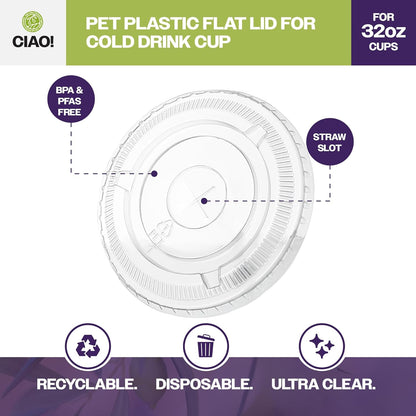 CIAO! Ultra Clear PET Flat Lid with Straw Slot - Fits 32 oz PET Cups, 107mm (Case of 300)