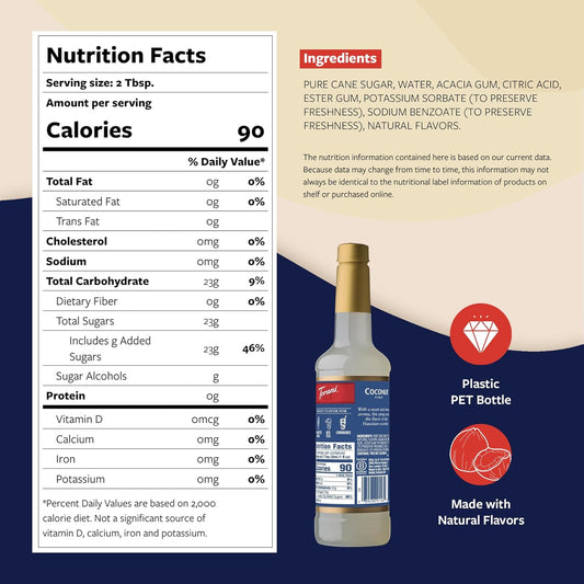 Torani Coconut Syrup for Drinks, Flavoring for Coffee and Cocktails, Pump Included, 25.4 Oz