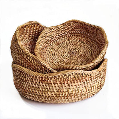YANGQIHOME Rattan Bread Basket, Round Fruit Baskets, Wicker Storage Bowls, Natural Woven Serving Basket Bowls, Decorative Baskets for Kitchen Counter Organizing, Set of 3