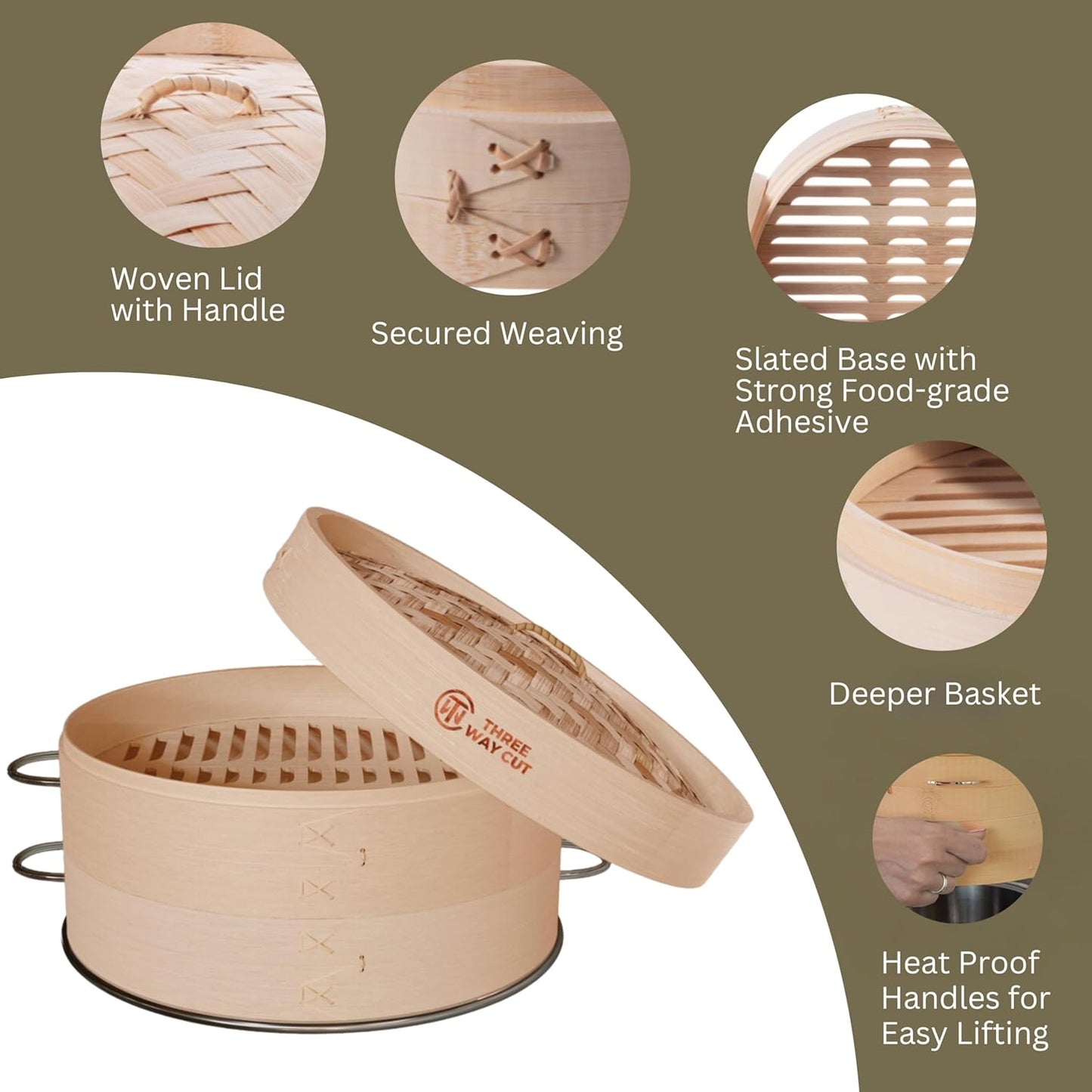 2 Tier Bamboo Steamer- 12" Baskets With Handle, Silicone Liner, Adapter, Molder Press For Cooking Vegetables Dumpling Press & Dough Cutter for Steaming Chinese Asian Food & Bao Bun, Dim Sum Potsticker