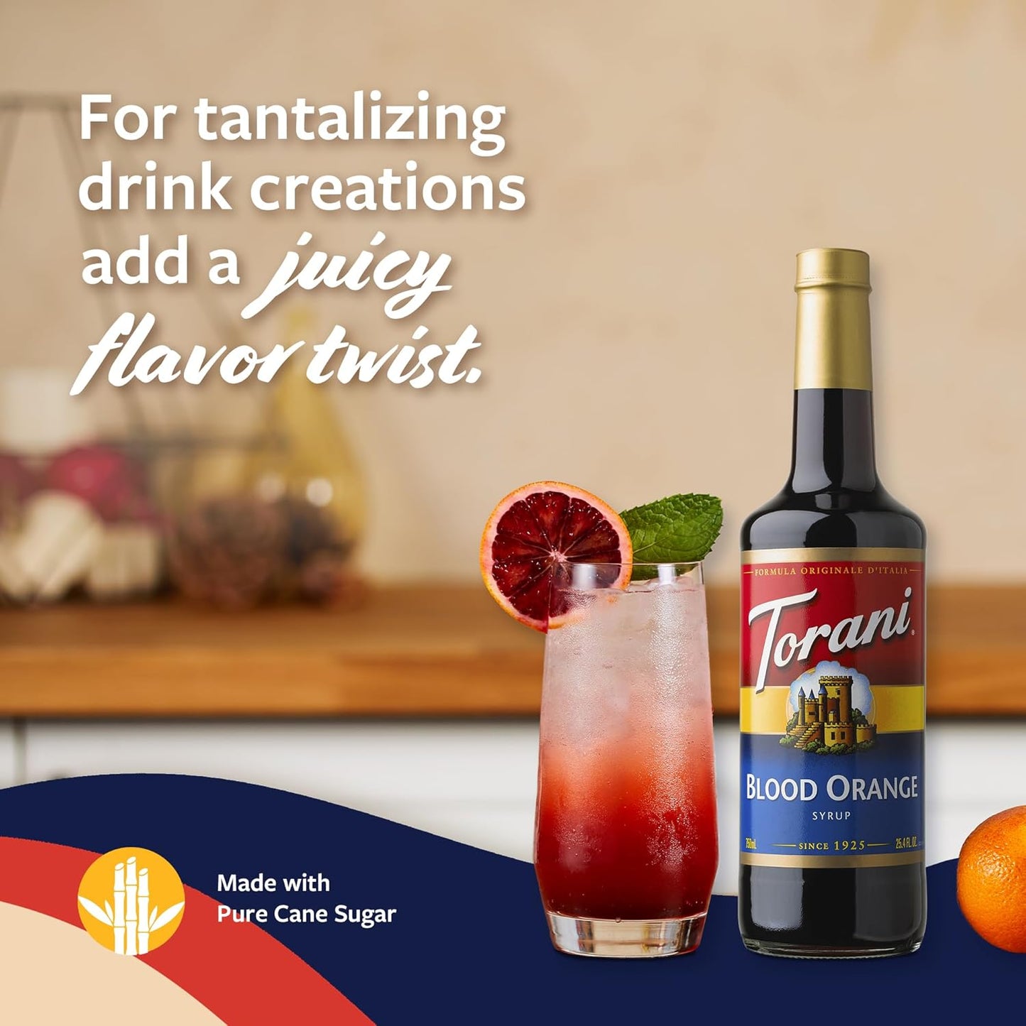 Torani Blood Orange Syrup for Drinks, Flavoring for Iced Tea, Lemonade, Sodas, and Cocktails, Glass Bottle with Pump Included, 25.4 Fl Oz