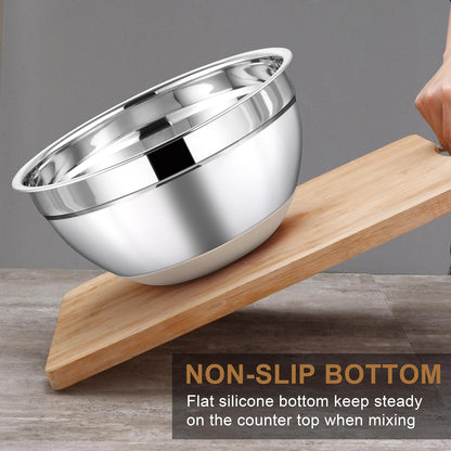 LIANYU 6 Piece Mixing Bowls Set with Airtight Lids, Size 7, 3.5, 2.5, 2, 1.5, 1QT, Stainless Steel Nesting Metal Bowls for Kitchen Baking Cooking Serving Food Storage, Non-slip Bottom, Khaki