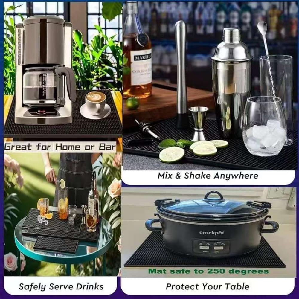 WANGCHAO 4Pack Black Bar Mats 18" x 12" Rubber Dish Drying Mat for Countertop Non Slip Cocktail Service Spill Mats for Bartending Coffee Bar or Home Kitchen (4pcs18x12)