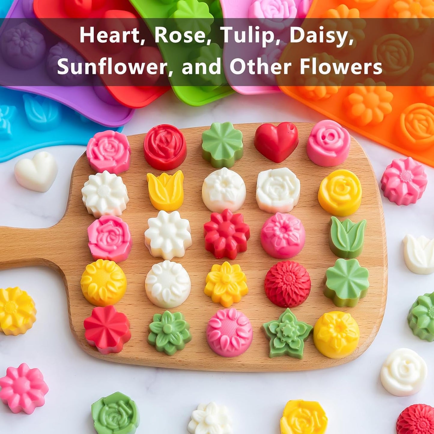6 Pack Flower Shape Chocolate Candy Molds Silicone, Food-Grade Non-Stick Jello & Baking Molds, Crayon Molds, BPA-Free, Including Heart, Rose, Tulip, Daisy, Sunflower, and Other Flowers (Multicolor)
