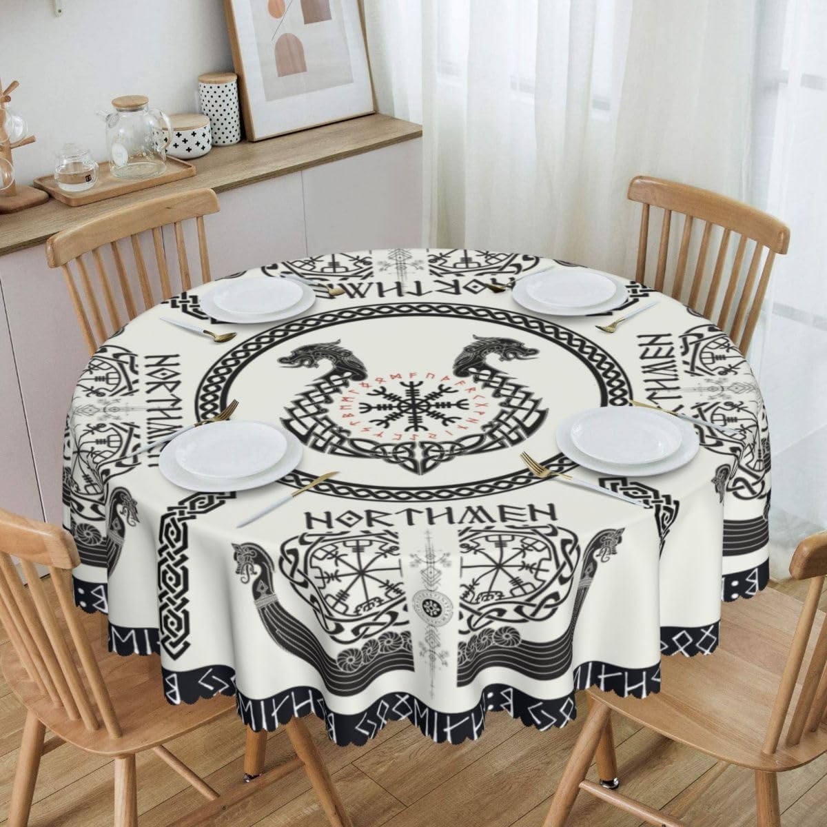 Norse Viking Tablecloth, Nordic Mythology Ancient Mythical Viking Ethnic Style Mythical Animal Water Resisitant Table Cover for Dining Kitchen Living Room Home Party Holiday Decor 60 inch Round