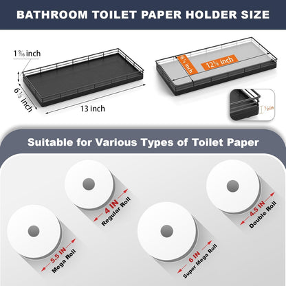 Oak Bathroom Toilet Tank Tray, 13" Wood Toilet Paper Storage Basket Back of Toilet Basket Organizer, Vanity Tray for Perfume Makeup Candle Kitchen Counter Coffee Table Black Tray Decor