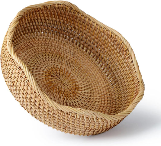 YANGQIHOME Rattan Bread Basket, Round Fruit Baskets, Scalloped Wicker Storage Bowls, Natural Woven Serving Basket Bowls, Decorative Baskets for Kitchen Counter Organizing, 1 Pack, M size