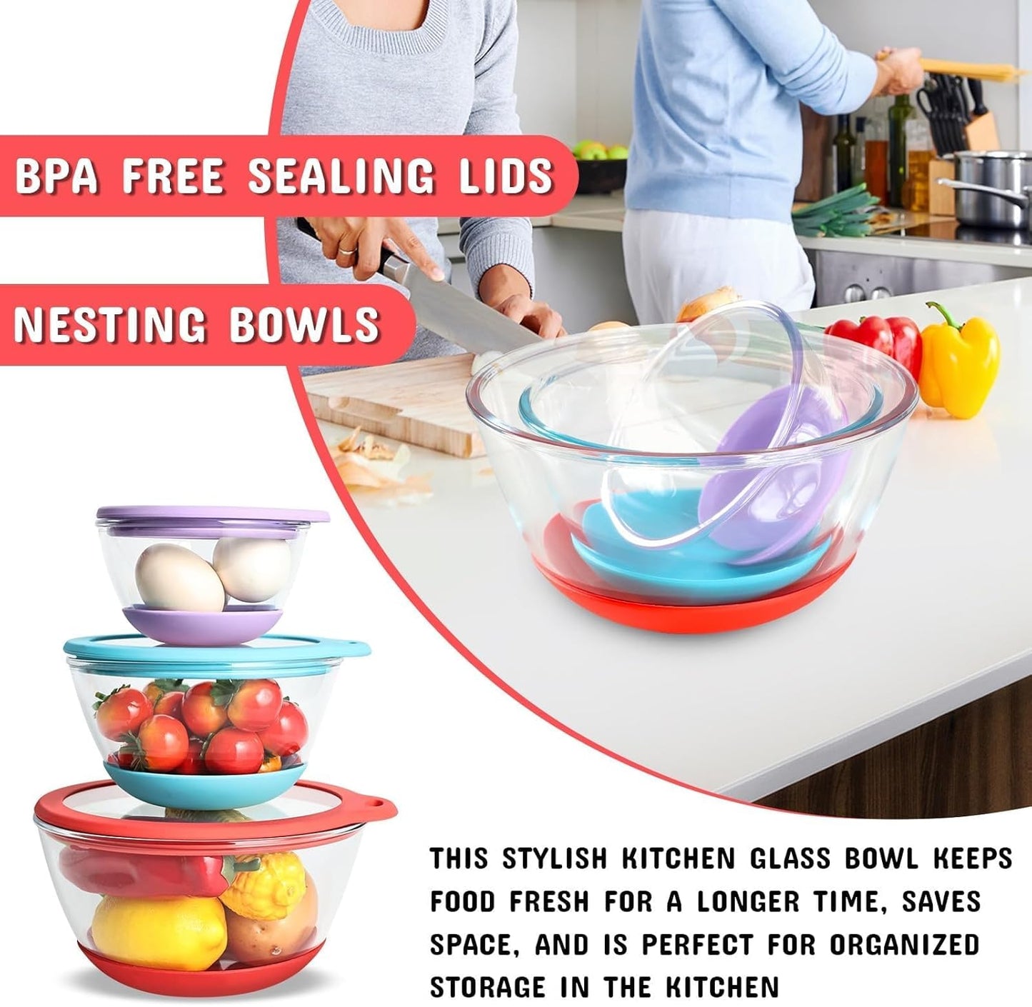 Glass Mixing Bowls Set of 3 with BPA-Free Airtight Lids, Large Nesting Bowls with Non-Slip Silicone Base, Ideal for Food Storage, Dishwasher & Microwave Safe, 2, 1, 0.5 QT Purple Blue Red