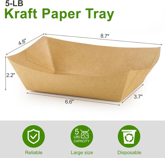 Ocmoiy 5lb Extra Large Paper Food Trays, 100 Pack Heavy Duty Kraft Food Boats Holders Disposable Serving Basket Trays for Nachos, Burgers, Tacos, Fries, Hot Dog, Sandwiches