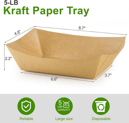 Ocmoiy 5lb Extra Large Paper Food Trays, 50 Pack Heavy Duty Kraft Food Boats Holders Disposable Serving Basket Trays for Nachos, Burgers, Fries, Tacos, Hot Dog, Sandwiches