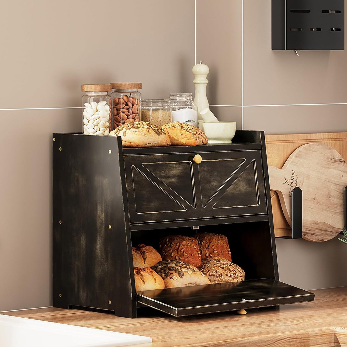 Vintage Double Layer Bread Box for Kitchen Counter Bamboo Bread Storage Container Large Capacity Bread Storage Bin (Antique Black)