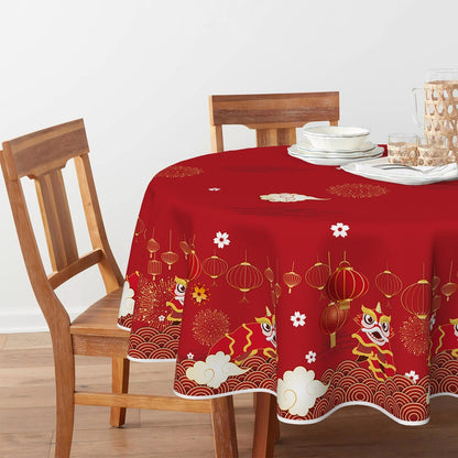 Horaldaily Newyear Tablecloth 70×70 Inch Round, Chinese Lunar New Year Lion Dance Lantern Red Washable Table Cover for Party Picnic Dinner Decor