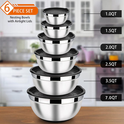 LIANYU Stainless Steel Nesting Mixing Bowls Set of 6, Size 7, 3.5, 2.5, 2, 1.5, 1QT, Large Metal Bowls with Airtight Lids, Ideal for Baking Cooking Food Storage, Non-slip Bottom, Black