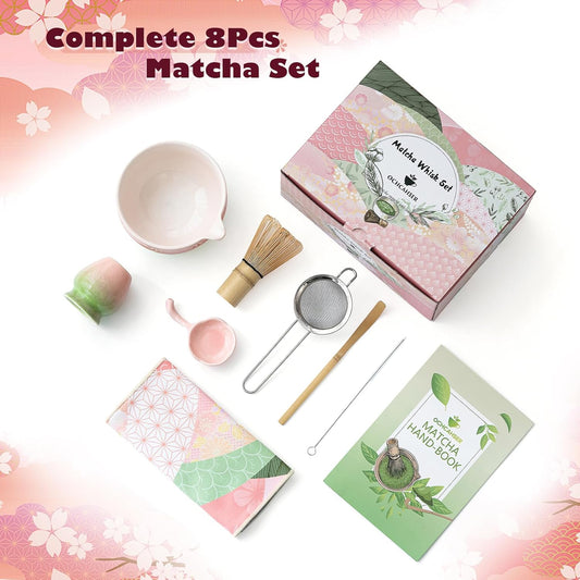 Matcha Tea Set, 8 Pcs Japanese Matcha Kit with Cherry Blossom and Wave Design Ceramic Bowl, Bamboo Whisk, Whisk Holder, Scoop, Sifter, Brush, Matcha Kit Set for Matcha Lovers (Pink-Green)
