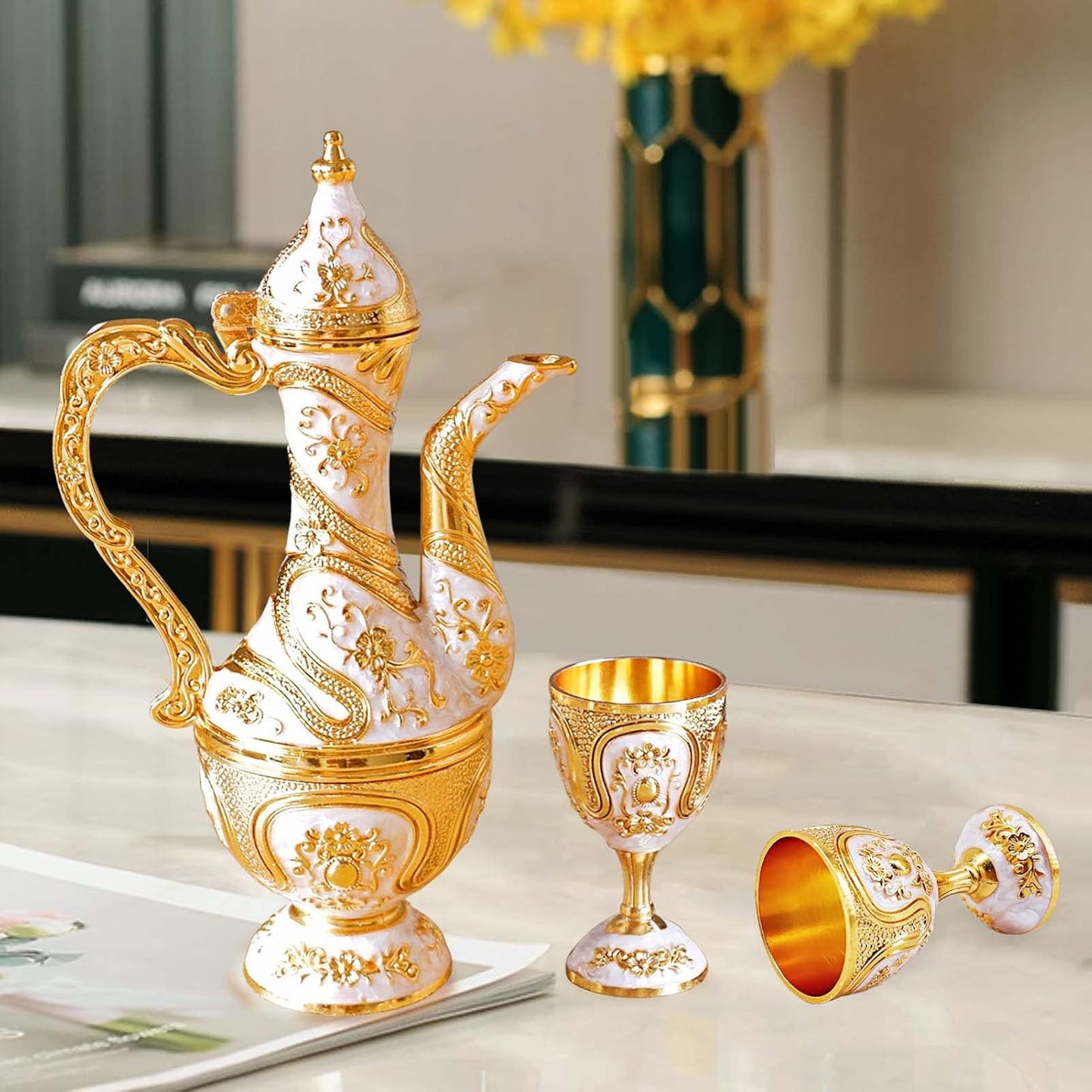 Vintage Turkish Coffee Pot and Cups Set,Tea Service Set Including Teapot,Tea Tray and Metal Cups for Wine Cabinet Decor,Wedding Ornaments (Gold and White)