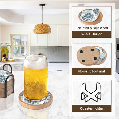 Wood Coasters Set of 4 with Holder, Cewiru Cup Mat for Drinks, Absorbent Coasters with Felt Insert for Coffee Table Protection, Modern Style Home Dining Table Decor, 4.3" Grey