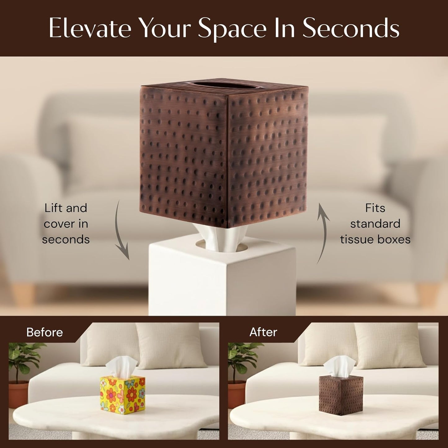 Monarch Abode Tissue Box Cover Square – Hand Hammered Antique Copper Metal Tissue Holder Box for Bathroom Accessory, Aesthetic Decorative Facial Napkin Cube for Modern Home Decor