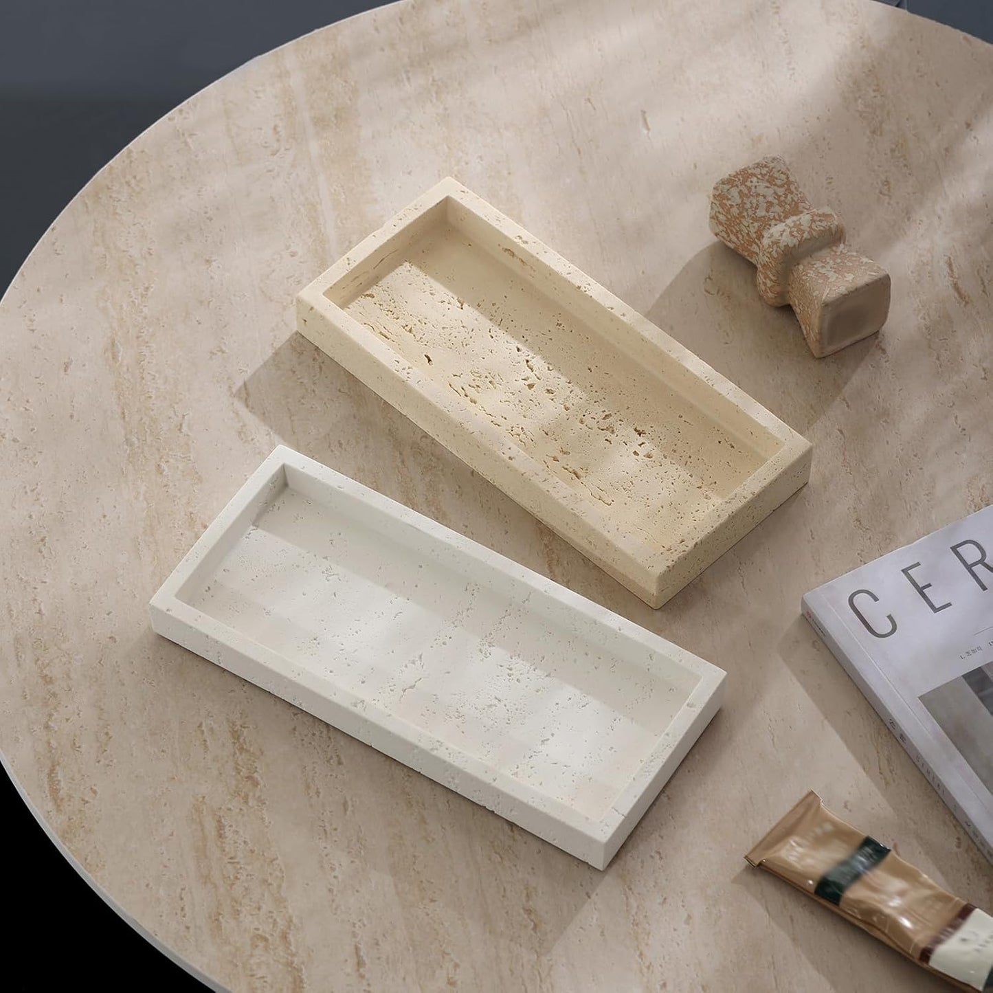Jewelry Tray Bathtub, Resin Stone Look Decorative Perfume Tray, Bathroom Marble Vanity Organizer Plate Holder for Ring Soap Towel Small Things on Kitchen Sink Countertop (Off White, Small)