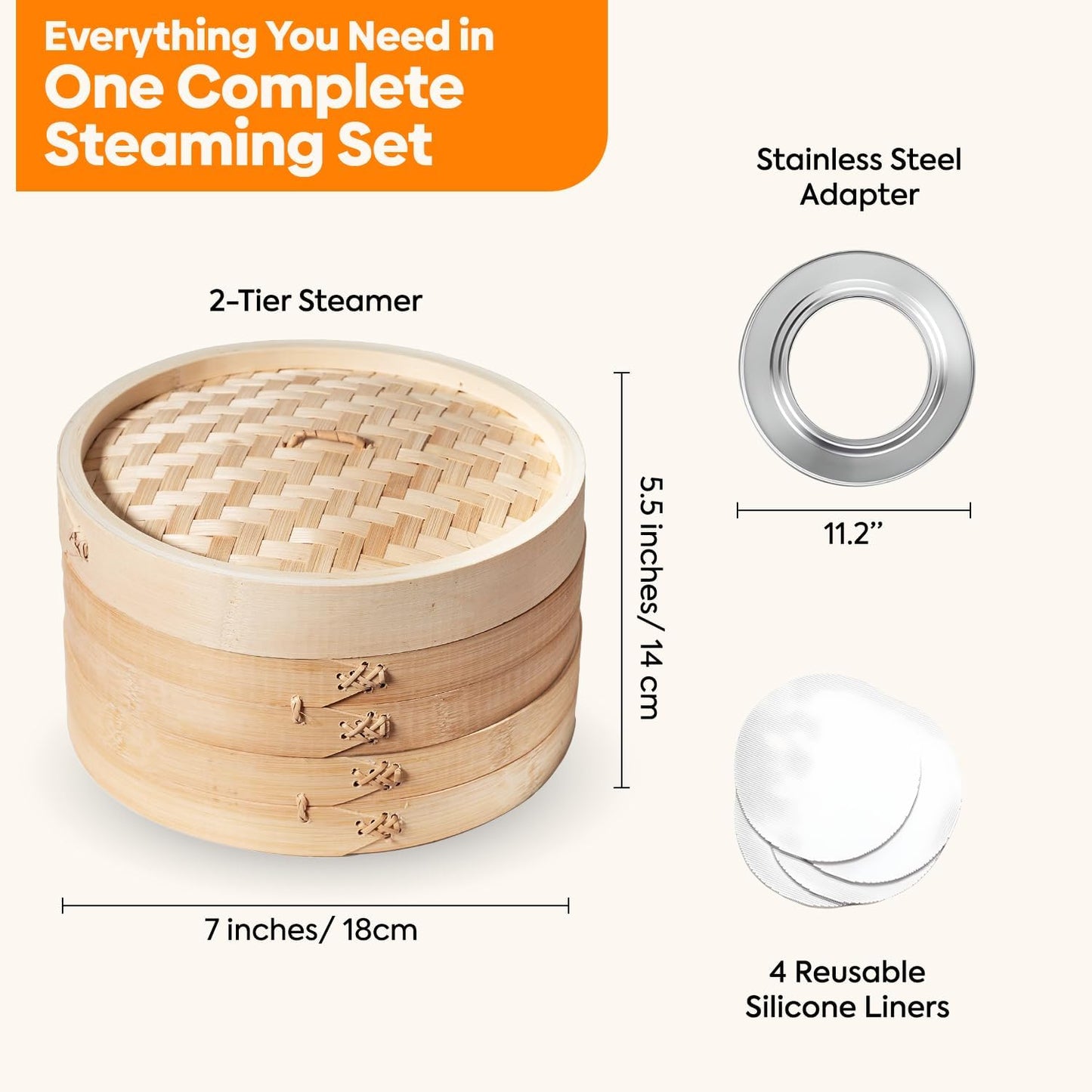 10 Inch Bamboo Steamer – 2 Tier Wooden Basket with Lid, Ring Adapter & Reusable Liners – Dumpling, Bao Bun, Dim Sum & Vegetable Steamer for Healthy Asian Cooking