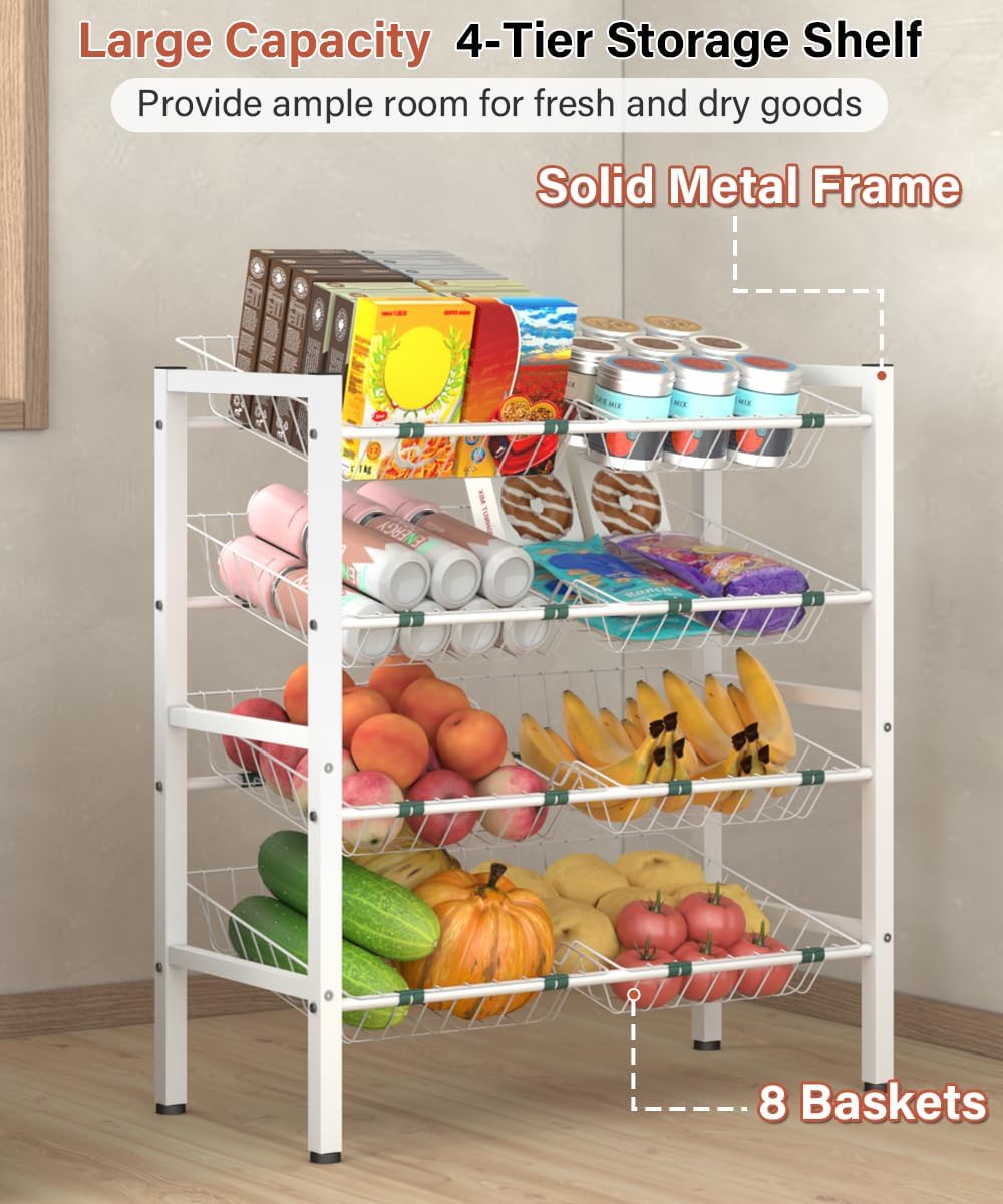 4-Tier Kitchen Storage Rack, Metal Pantry Storage Stand, Fruit Basket Stand with 8 Fruit Vegetable Baskets, Freestanding Snack Organizer Shelf Unit for Living Room, Office, Apartment, White