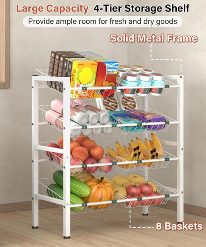 4-Tier Kitchen Storage Rack, Metal Pantry Storage Stand, Fruit Basket Stand with 8 Fruit Vegetable Baskets, Freestanding Snack Organizer Shelf Unit for Living Room, Office, Apartment, White