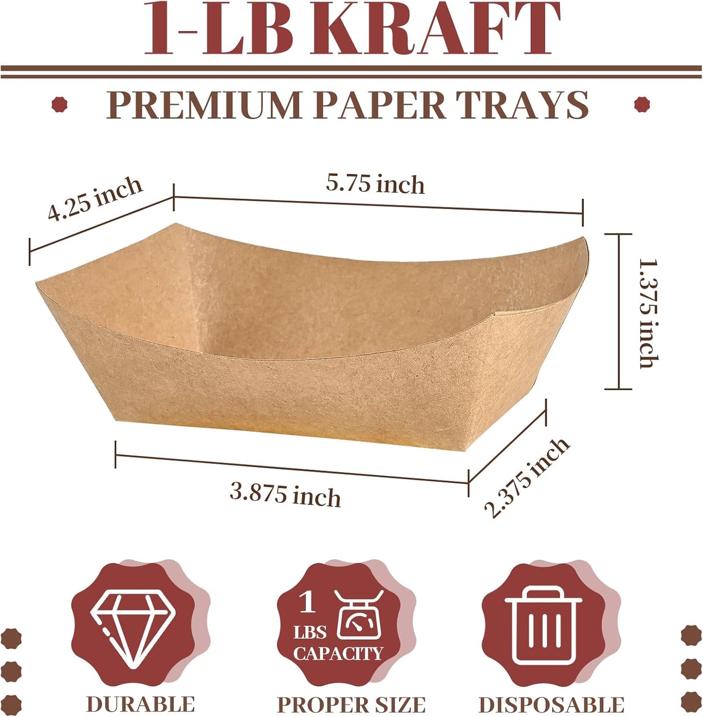 Ocmoiy 1lb Paper Food Trays, 100 Pack Heavy Duty Kraft Food Boats Holders Disposable Serving Basket Trays for Nachos, Fries, BBQ, Festivals, Party