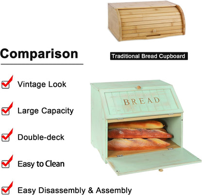 HOMEKOKO Double Layer Large Bread Box for Kitchen Counter, Retro Design Wooden Large Capacity Bread Storage Bin (Mint Green)