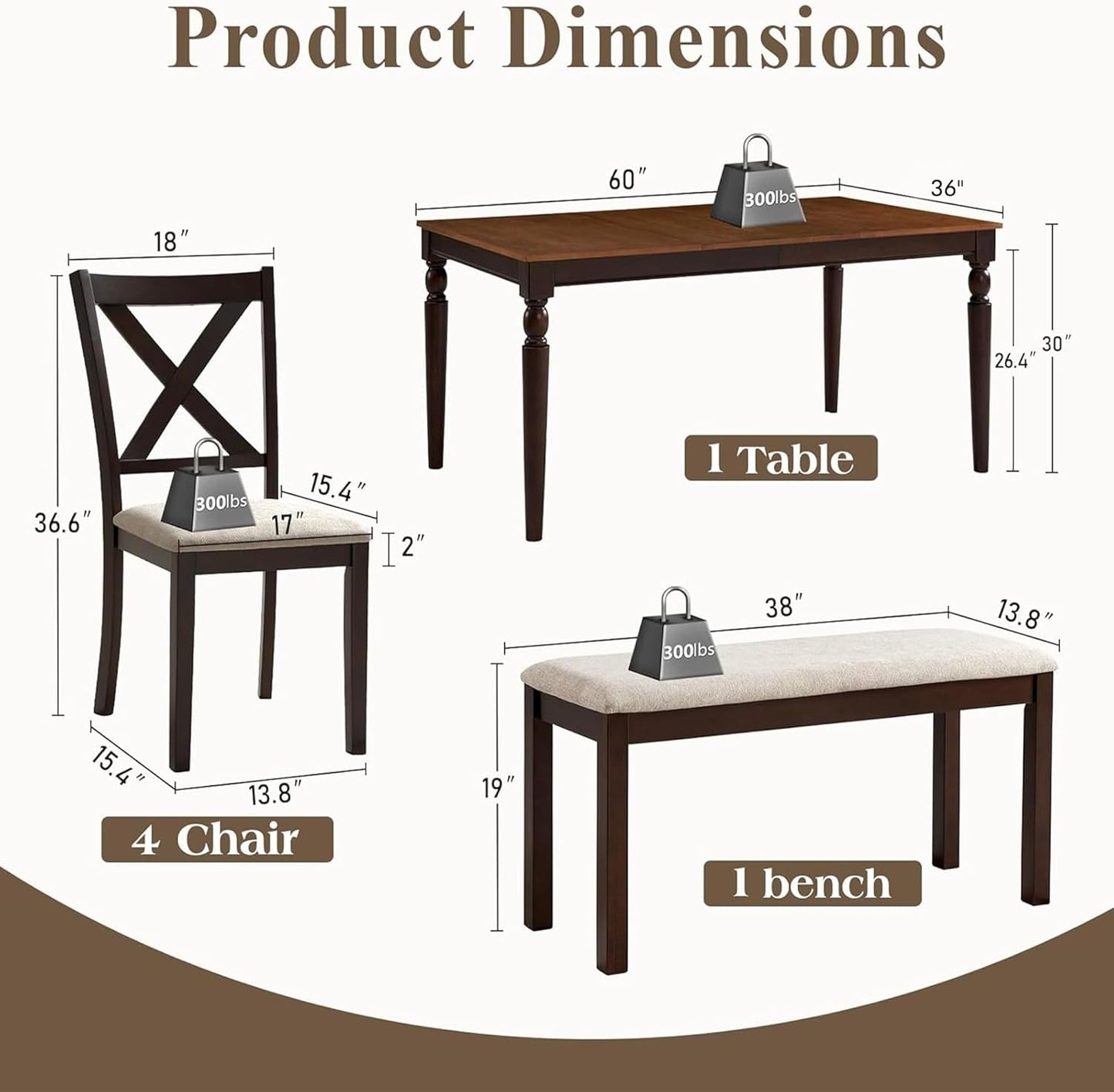 6-Piece Solid Wood Dining Table Set, Upholstered Chair w/Bench Seat, Seating for 6, 60'' Farmhouse Wood Kitchen Chairs Set for Living Room, Dining Room, Brown & Black Finish