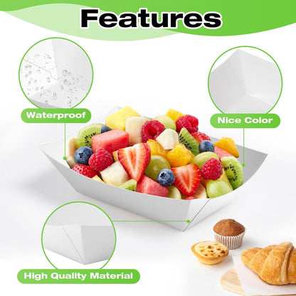 125 Pack Paper Food Trays, 1 LB White Food Boats, Disposable Kraft Paper Nacho Trays, Heavy Duty Serving Tray Boat, Disposable Serving Boats for Nachos Fries Tacos, Grease Resistant