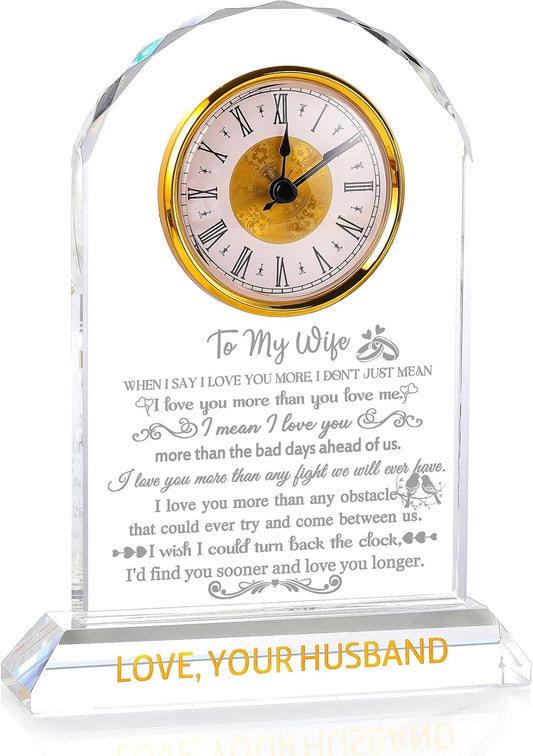 Gifts for Wife from Husband - Crystal Clock, Birthday, Wedding Anniversary Marriage Gifts Idea - to My Wife Clock Presents for Valentines Mother's Day (8.8'' Gift Boxed)