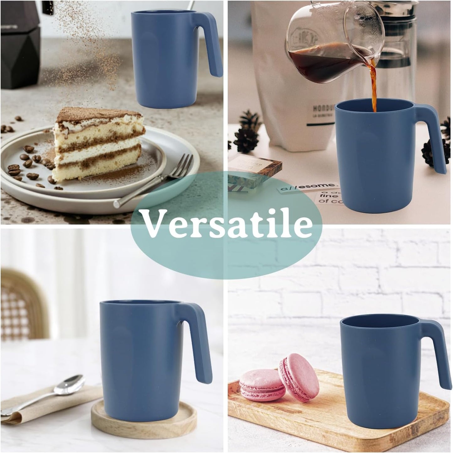 Wrova 16oz Wheat Straw Cups with handles set of 6-Plastic Cups Reusable-Unbreakable Kids Mugs-Dishwasher Safe & Microwave Safe-Ideal Plastic Mugs for Tea,Coffee,Camping,RV-Navy Blue