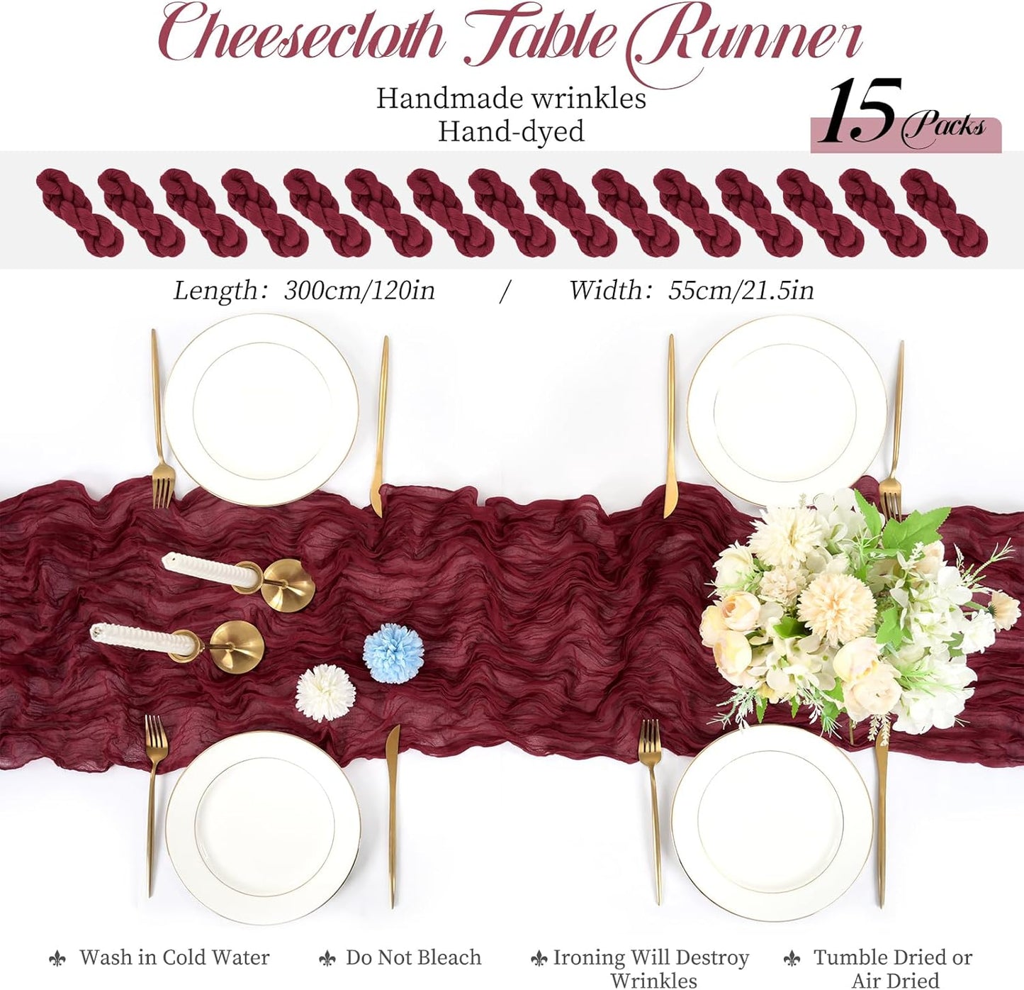 15 Packs Cheesecloth Table Runner Burgundy,10 Ft Wine Red Rustic Gauze Boho Wedding Table Runner Decoration,Wedding Table Decor Table Cloth for Wedding Party Bridal Shower Table,21.5x120in