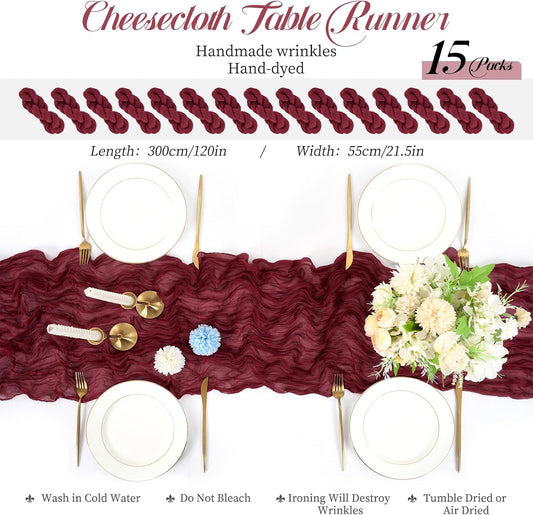 15 Packs Cheesecloth Table Runner Burgundy,10 Ft Wine Red Rustic Gauze Boho Wedding Table Runner Decoration,Wedding Table Decor Table Cloth for Wedding Party Bridal Shower Table,21.5x120in